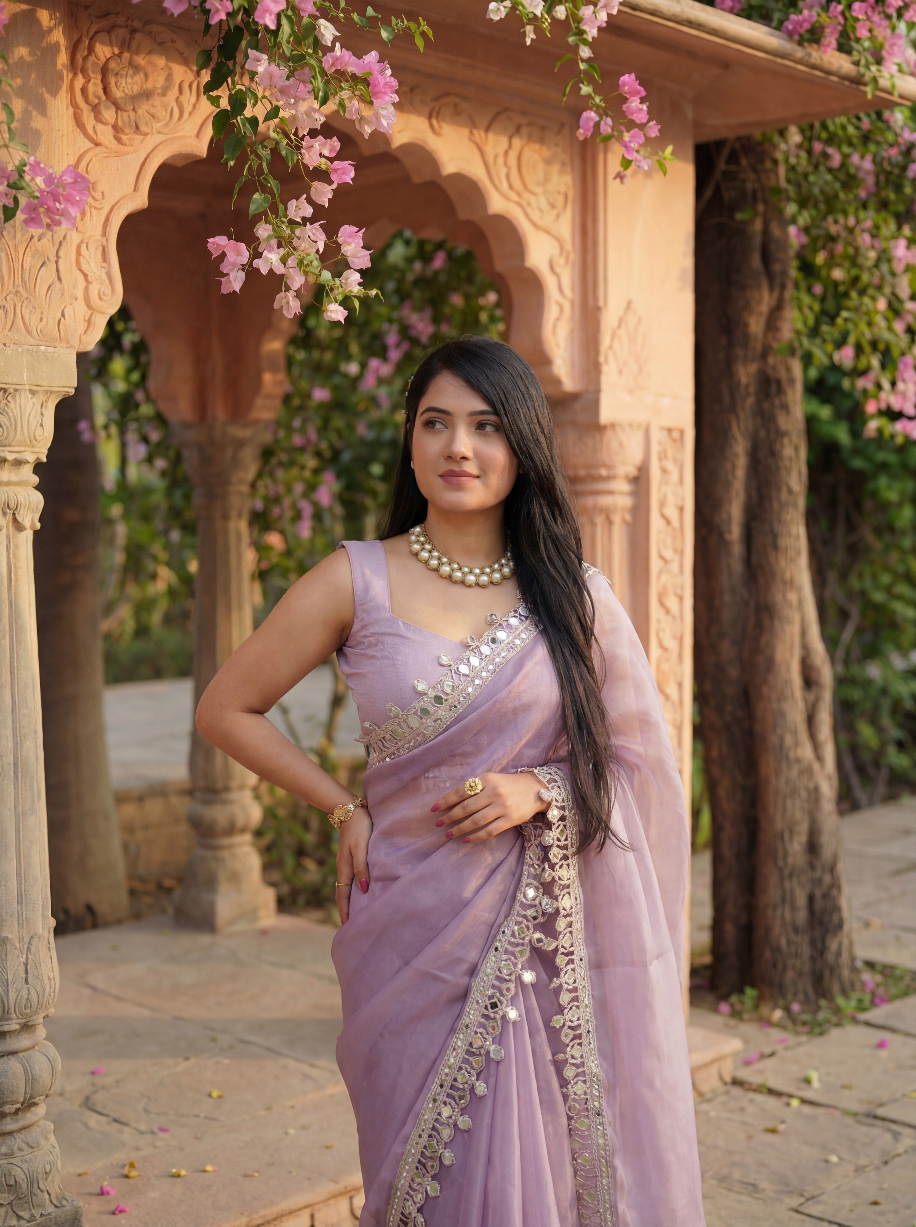 Lavender Organza Mirror Work Saree