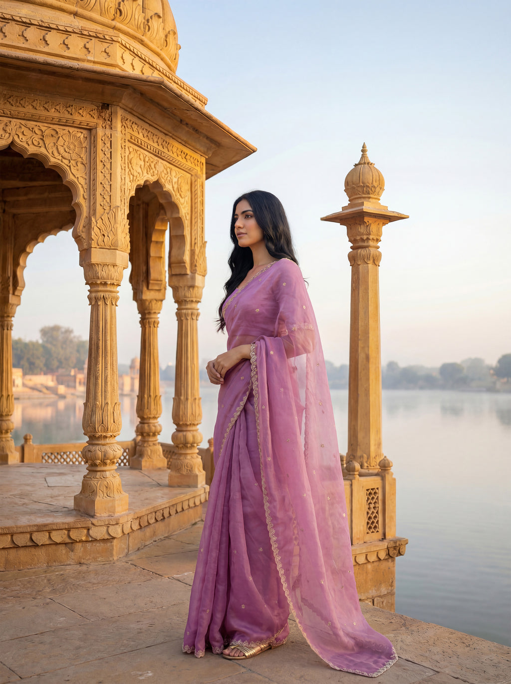 Pink Tissue Floral Zari Work Saree