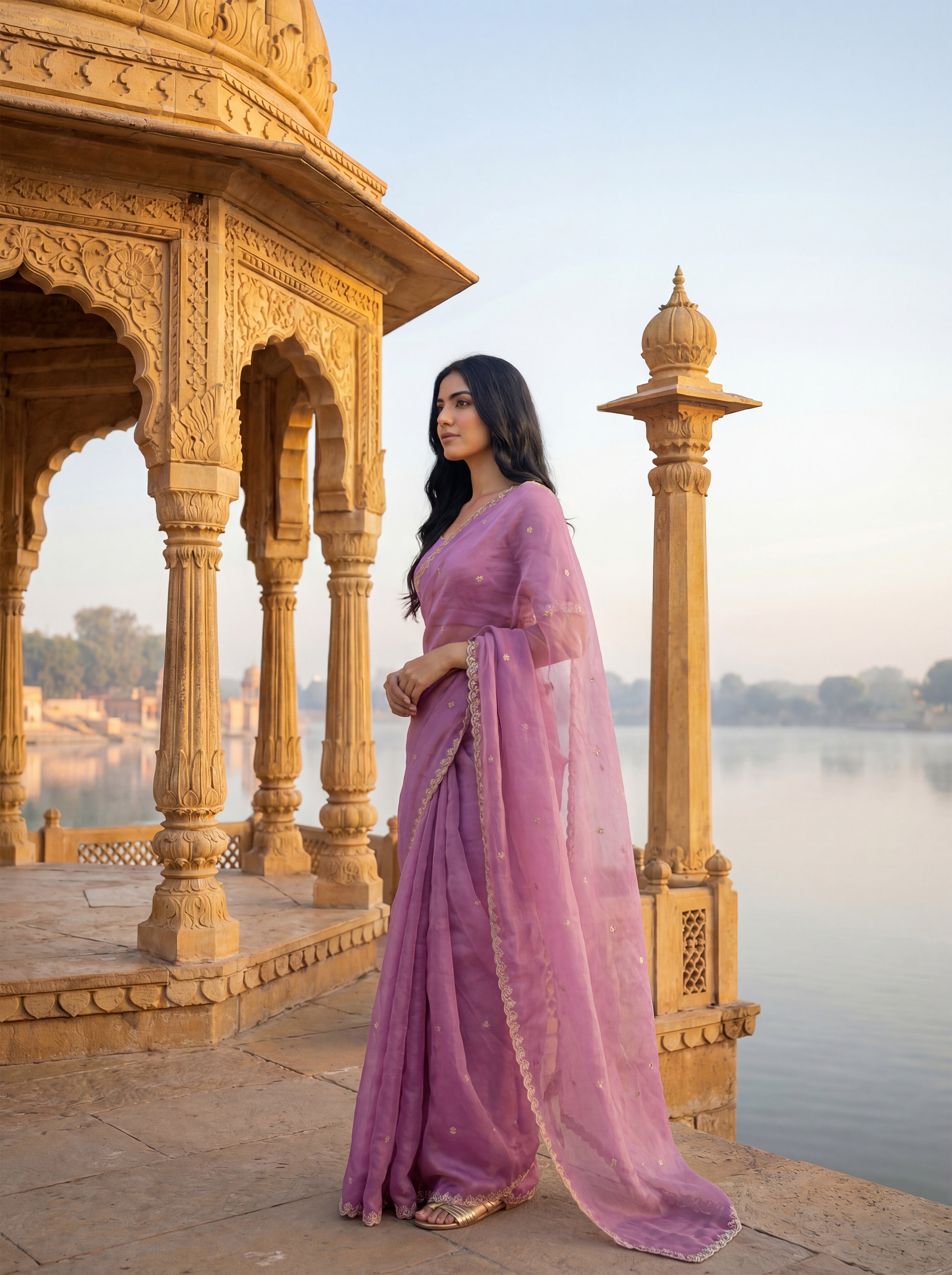 Pink Tissue Floral Zari Work Saree