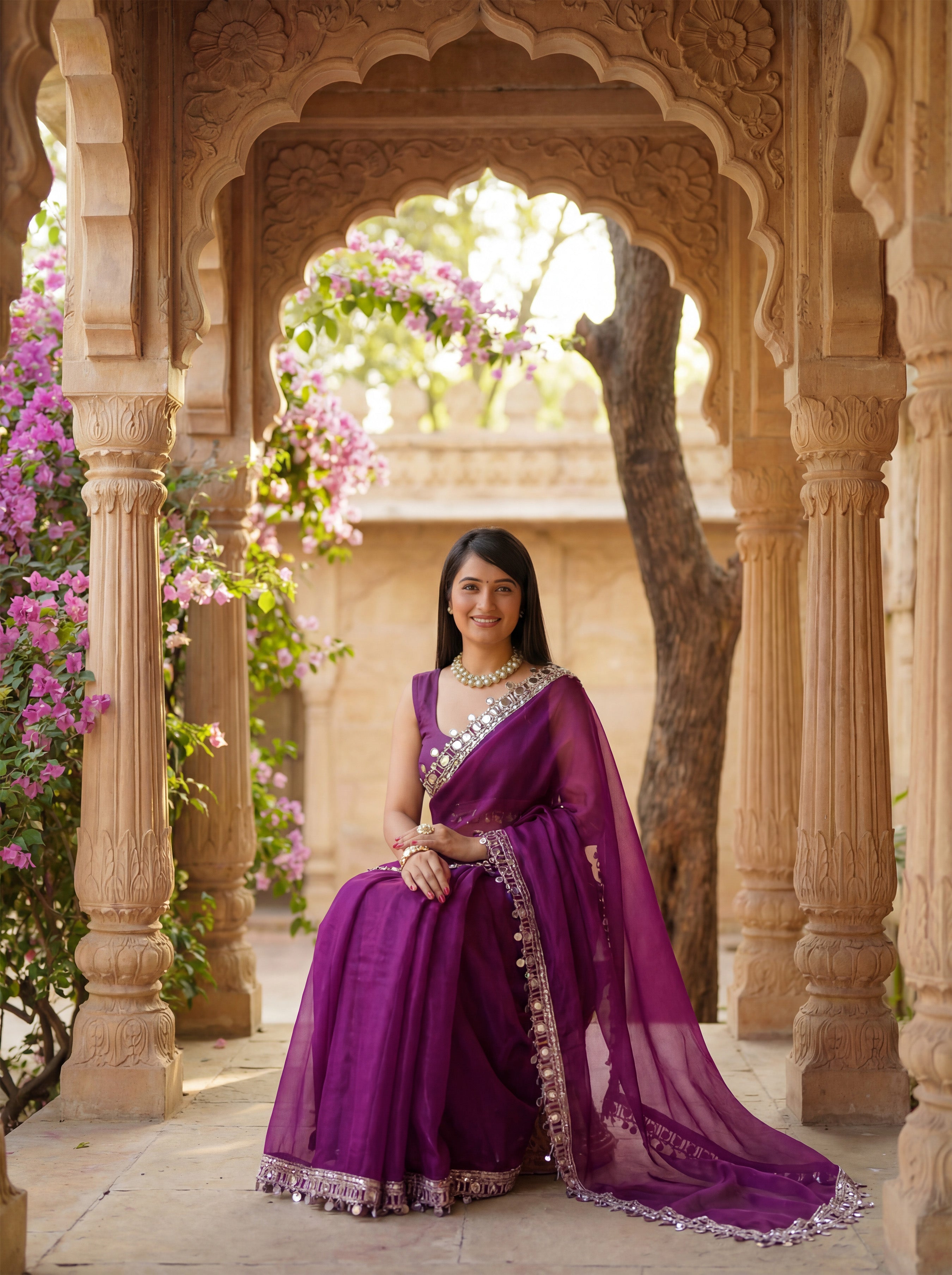 Burgundy Organza Mirror Work Saree