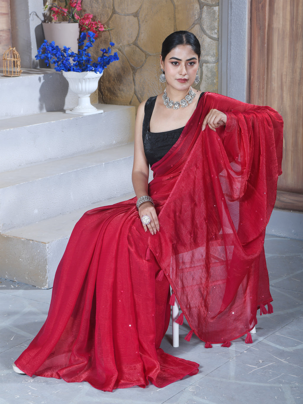 Red Pure Chiffon Mirror Work Saree