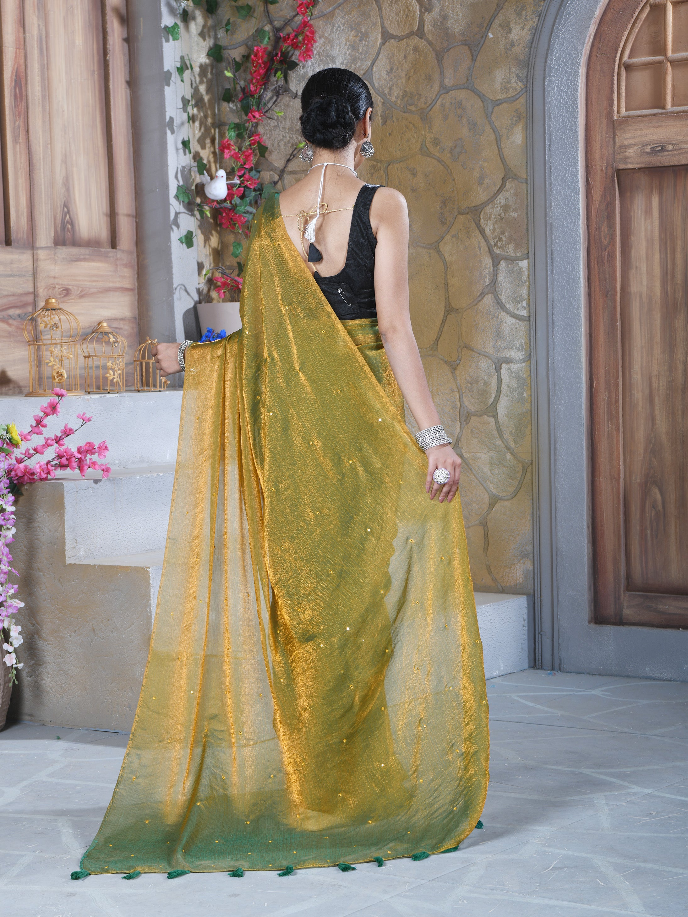 Gold Pure Chiffon Mirror Work Saree