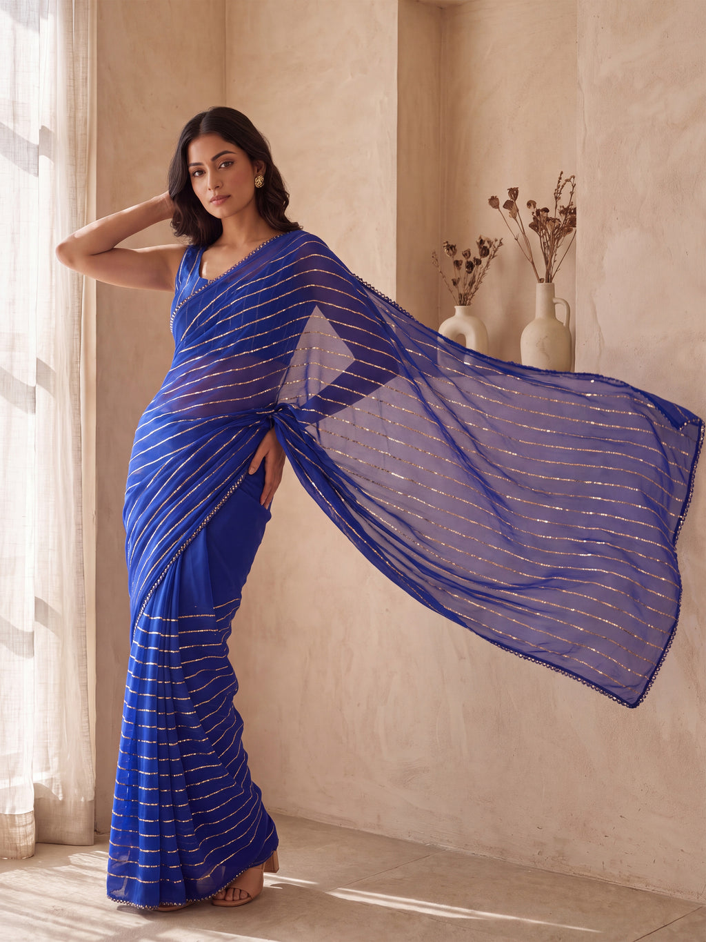 Blue Poly Georgette Striped Sequence Work Saree