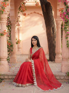 Red Organza Mirror Work Saree