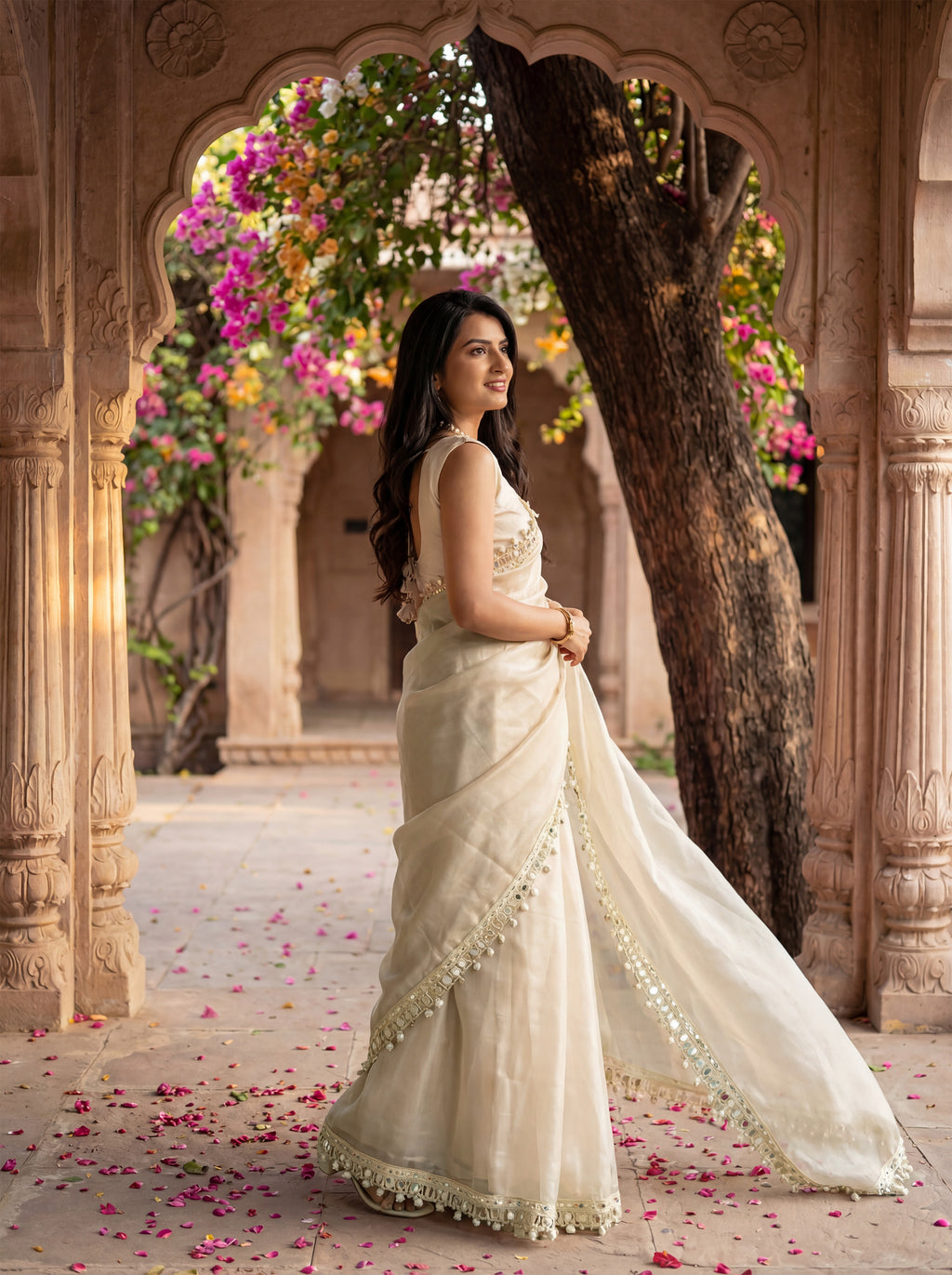 Beige Organza Mirror Work Saree