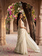 Beige Organza Mirror Work Saree