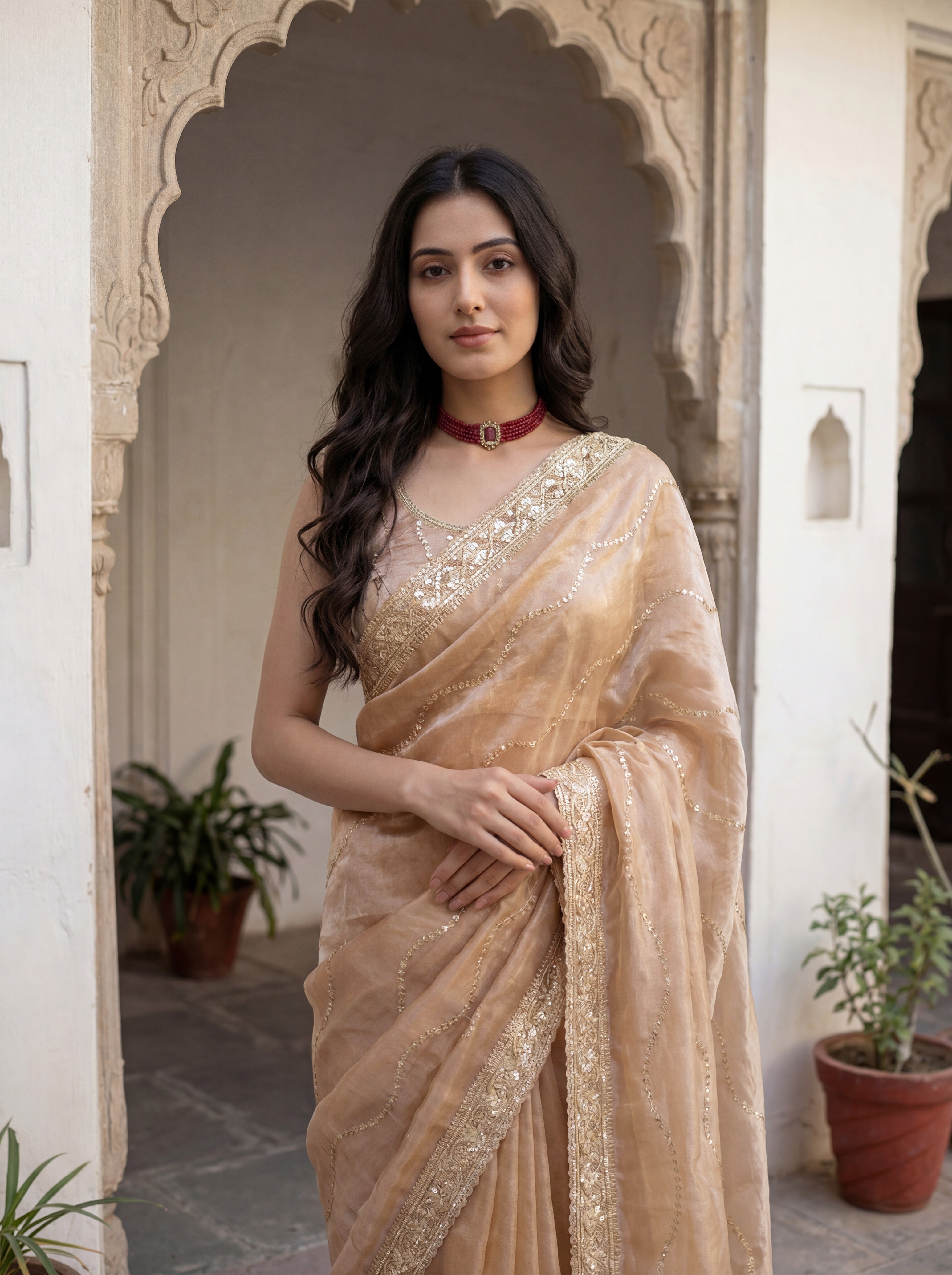 Tan Tissue Striped Sequence Work Saree