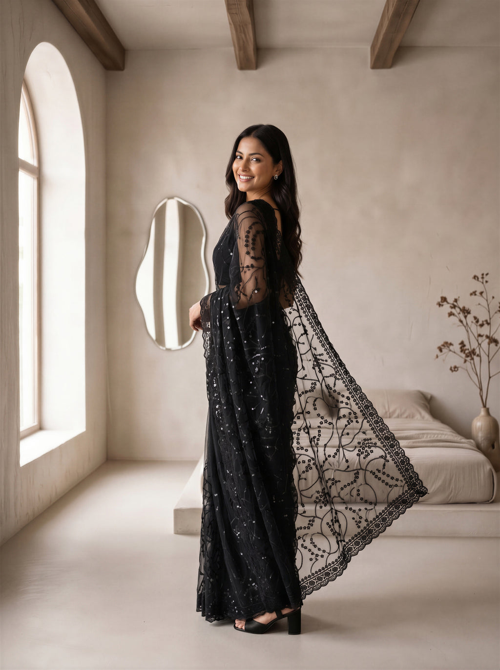 Black Net Floral Sequence Work Saree