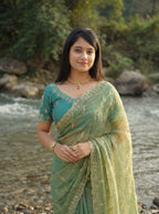 Green Tissue Geometric Sequence Work Saree