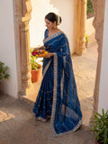 Teal Tissue Striped Sequence Work Saree