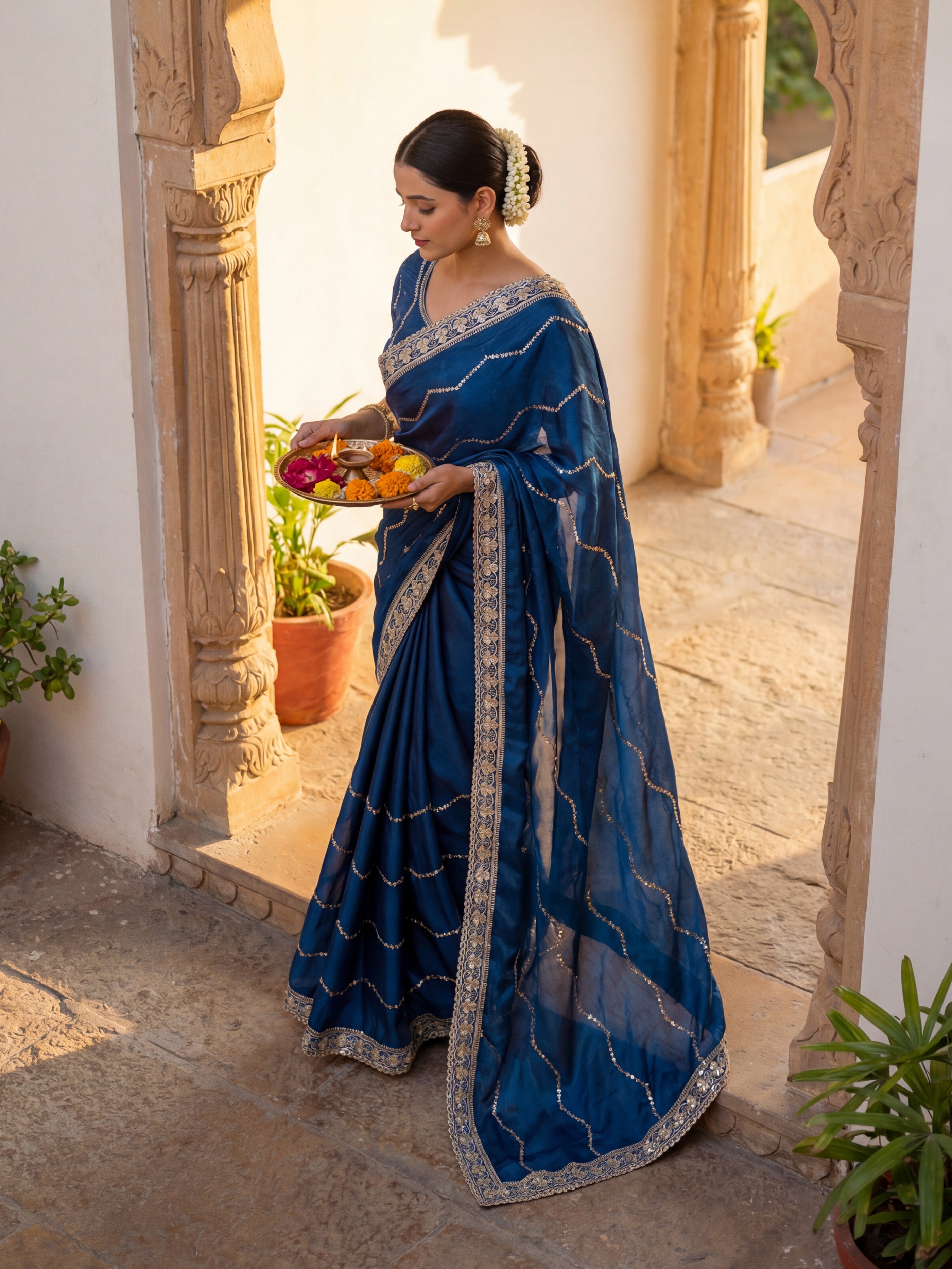 Teal Tissue Striped Sequence Work Saree