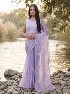 Lavender Organza Floral Thread Work Saree