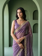 Lavender Organza Striped Zari Work Saree