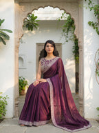 Burgundy Silk Sequence & Mirror Work Saree