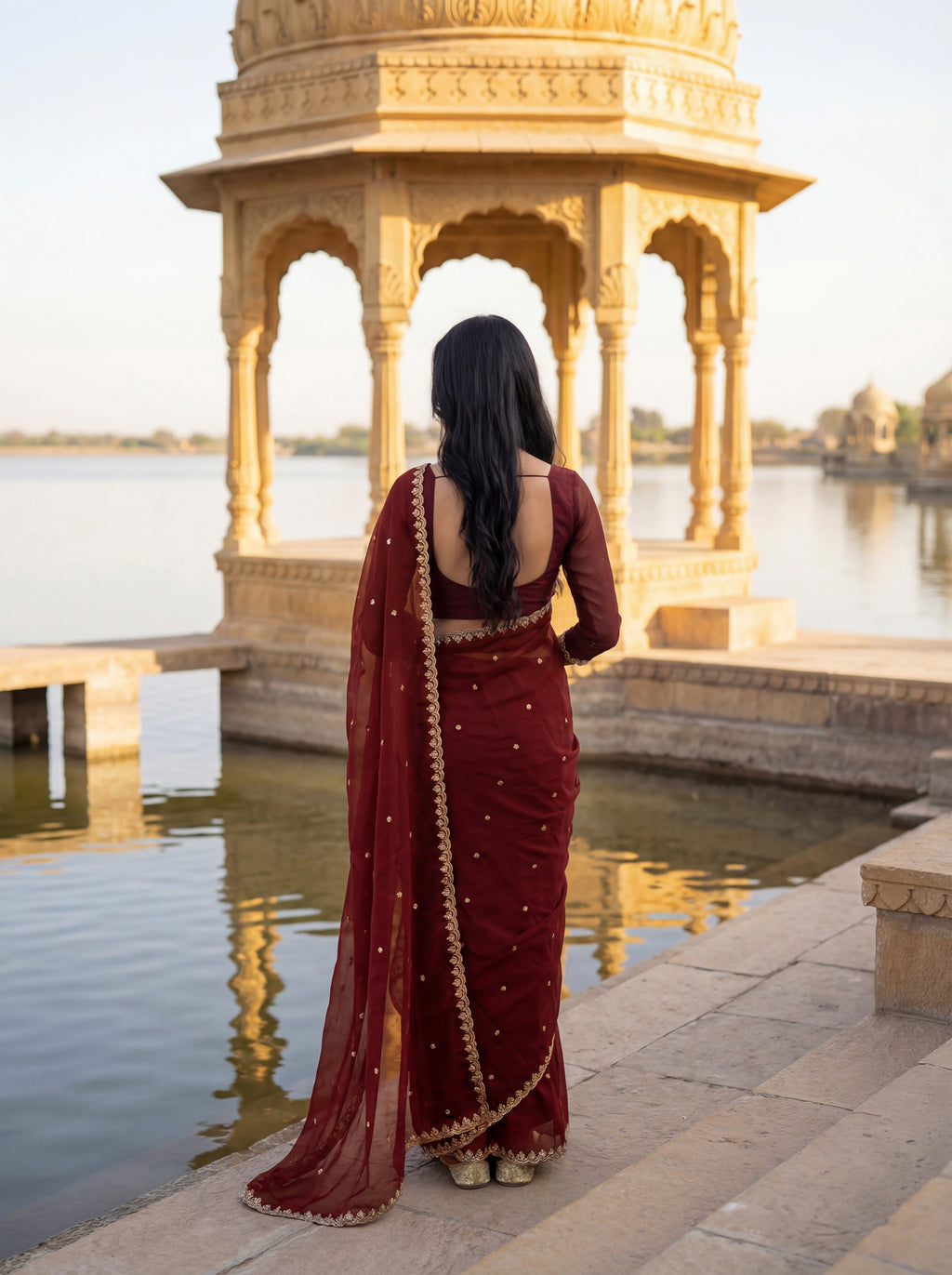 Maroon Tissue Floral Zari Work Saree