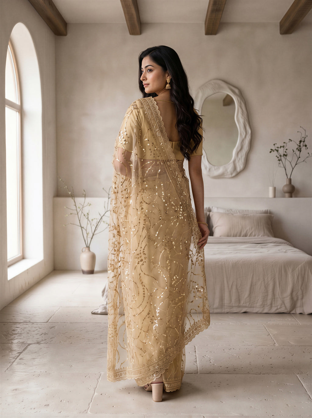 Beige Net Floral Sequence Work Saree