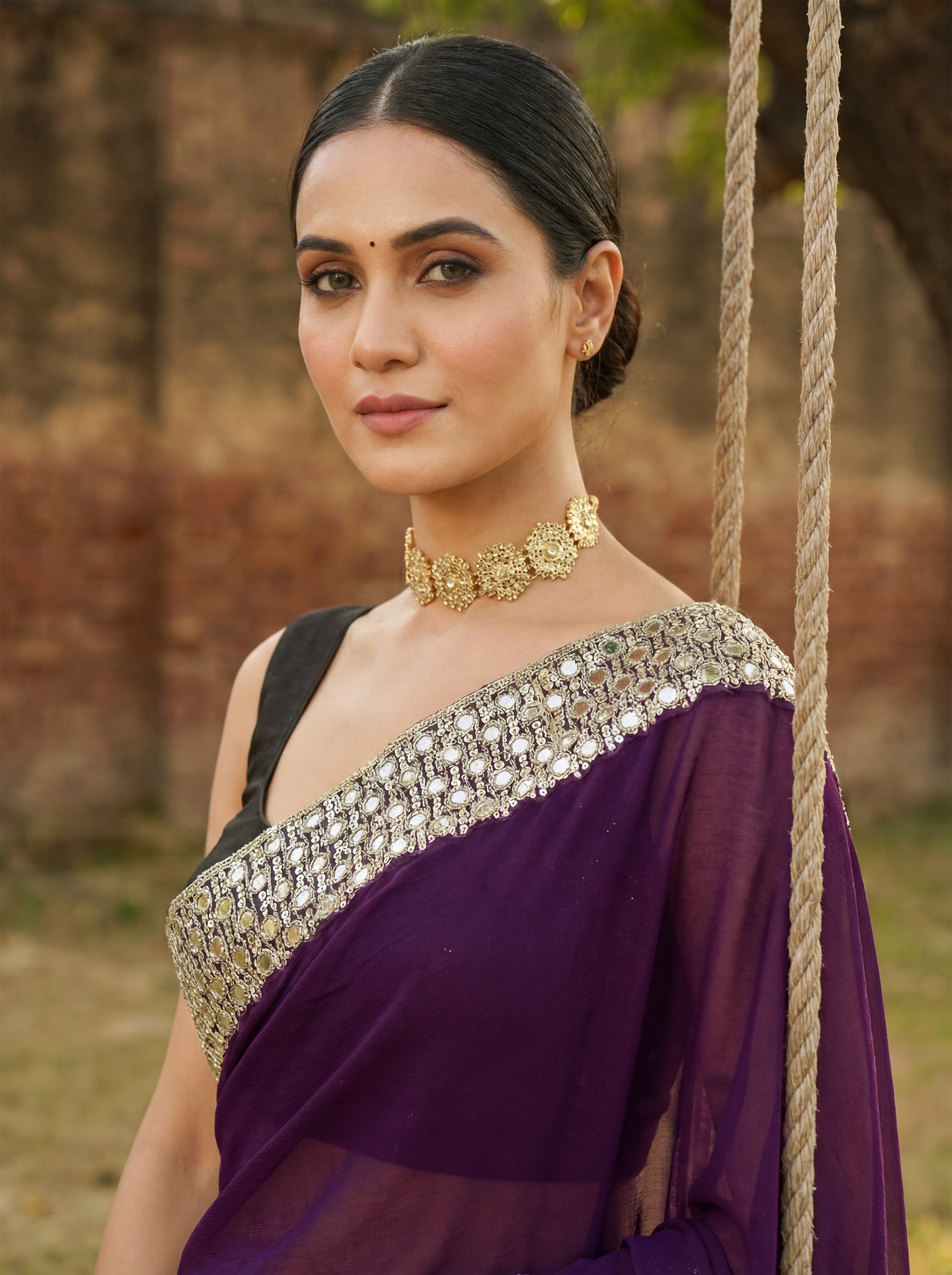 Burgundy Tissue Sequence & Mirror Work Saree