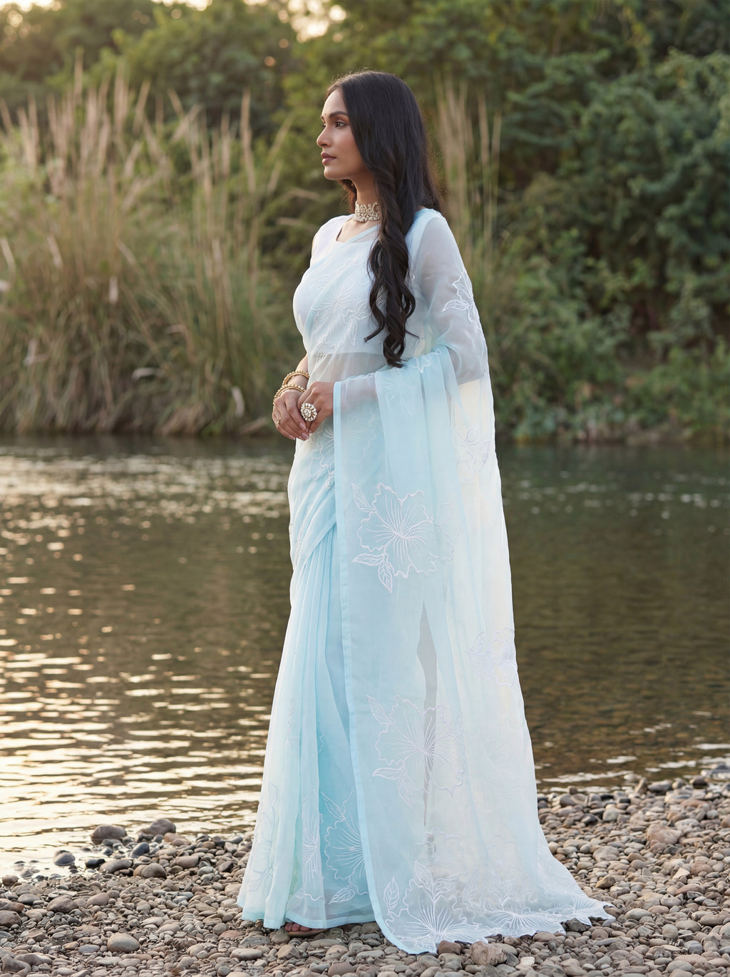 Blue Organza Floral Thread Work Saree