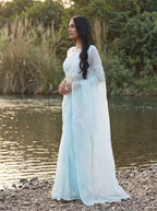 Blue Organza Floral Thread Work Saree