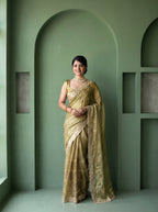 Tan Organza Striped Zari Work Saree