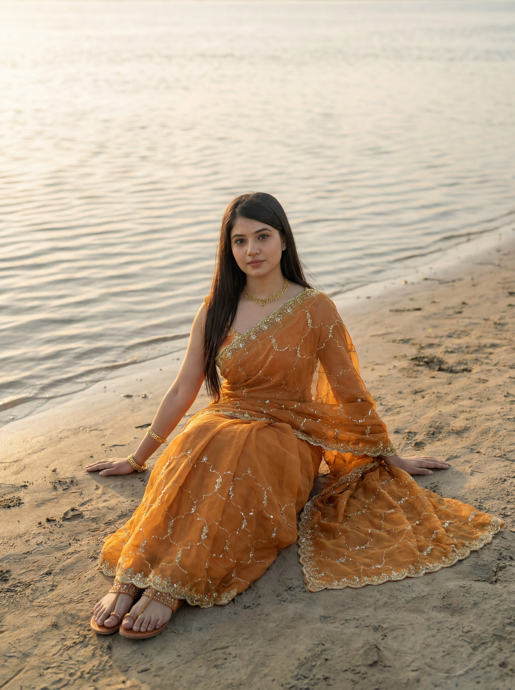 Orange Tissue Geometric Sequence Work Saree