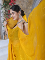 Mustard Pure Chiffon Mirror Work Saree