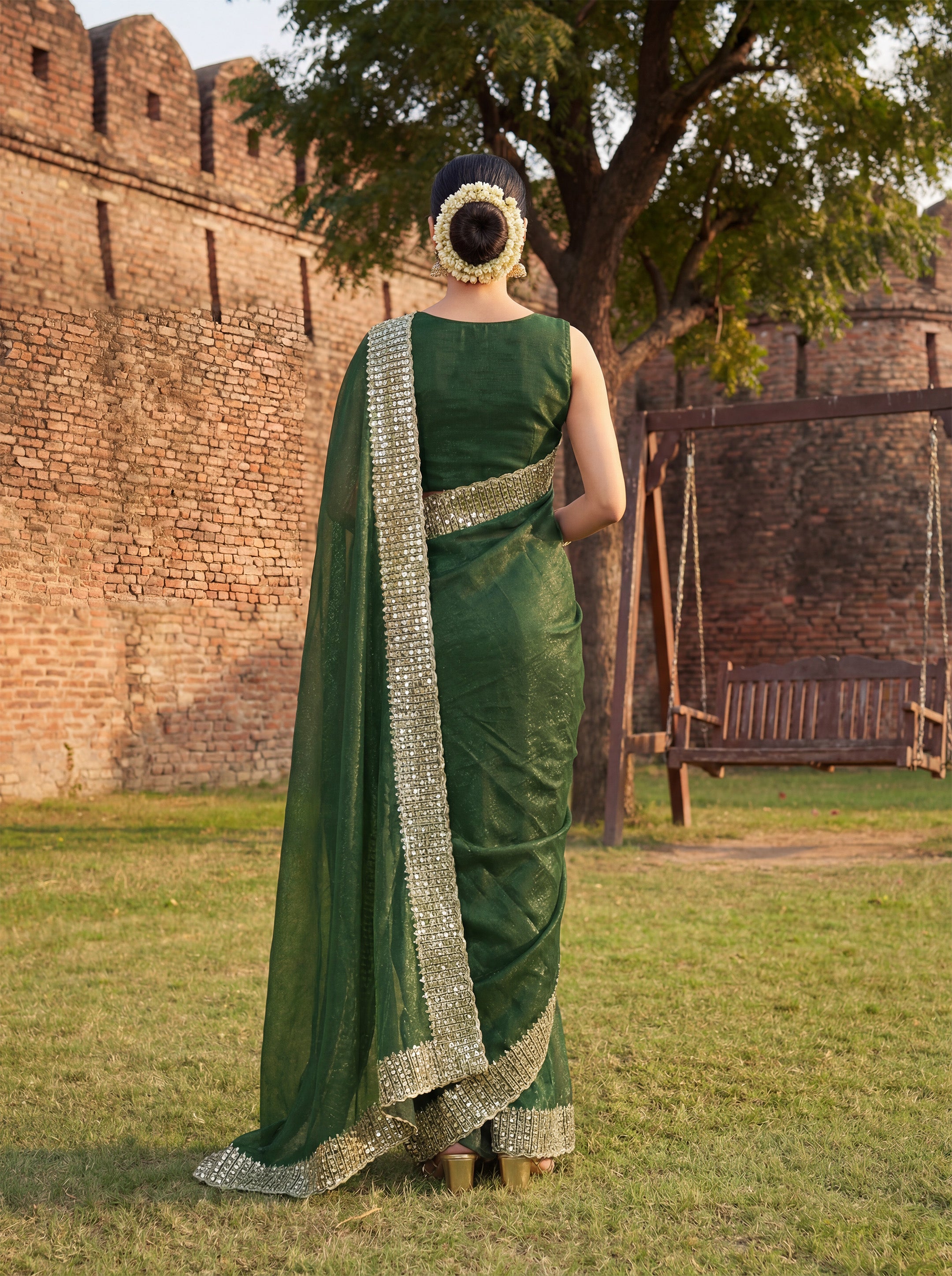 Green Tissue Sequence & Mirror Work Saree