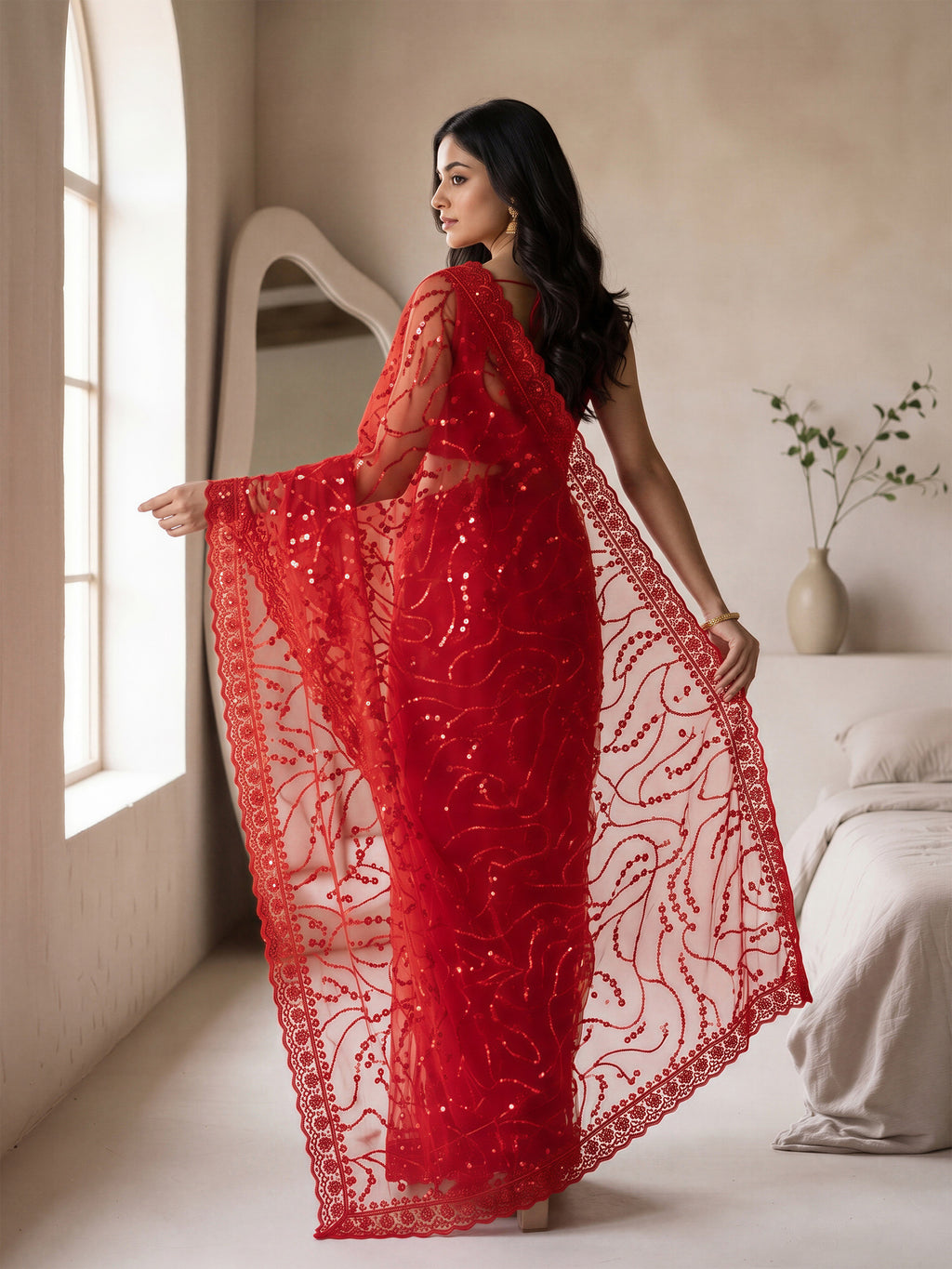 Maroon Net Floral Sequence Work Saree