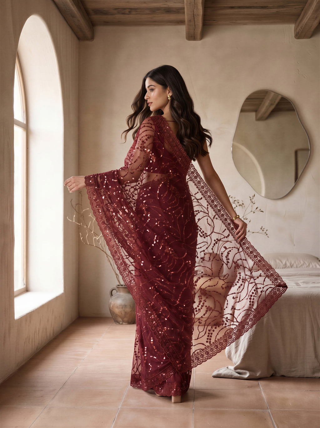 Maroon Net Floral Sequence Work Saree