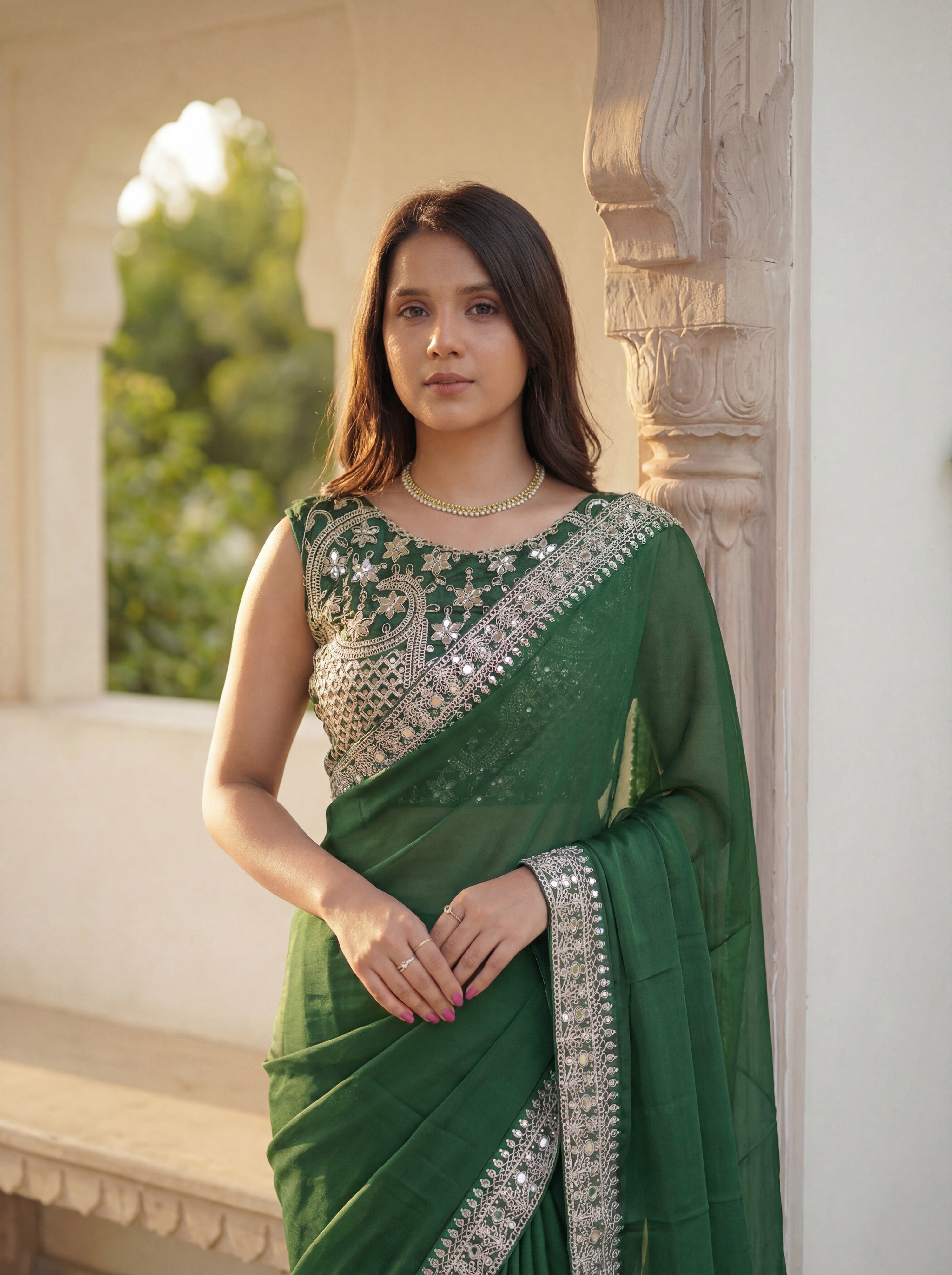 Green Silk Sequence & Mirror Work Saree