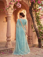 Blue Tissue Geometric Mirror Work Saree