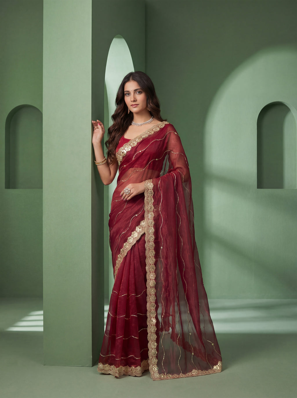 Maroon Organza Striped Zari Work Saree