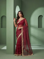 Maroon Organza Striped Zari Work Saree