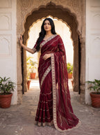 Maroon Tissue Striped Sequence Work Saree