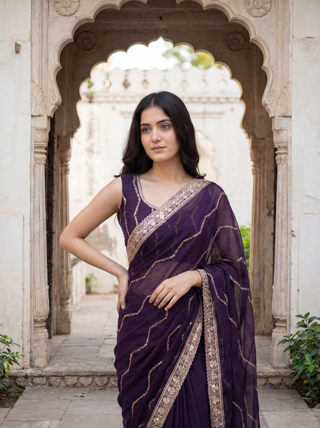 Purple Tissue Striped Sequence Work Saree