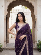 Purple Tissue Striped Sequence Work Saree