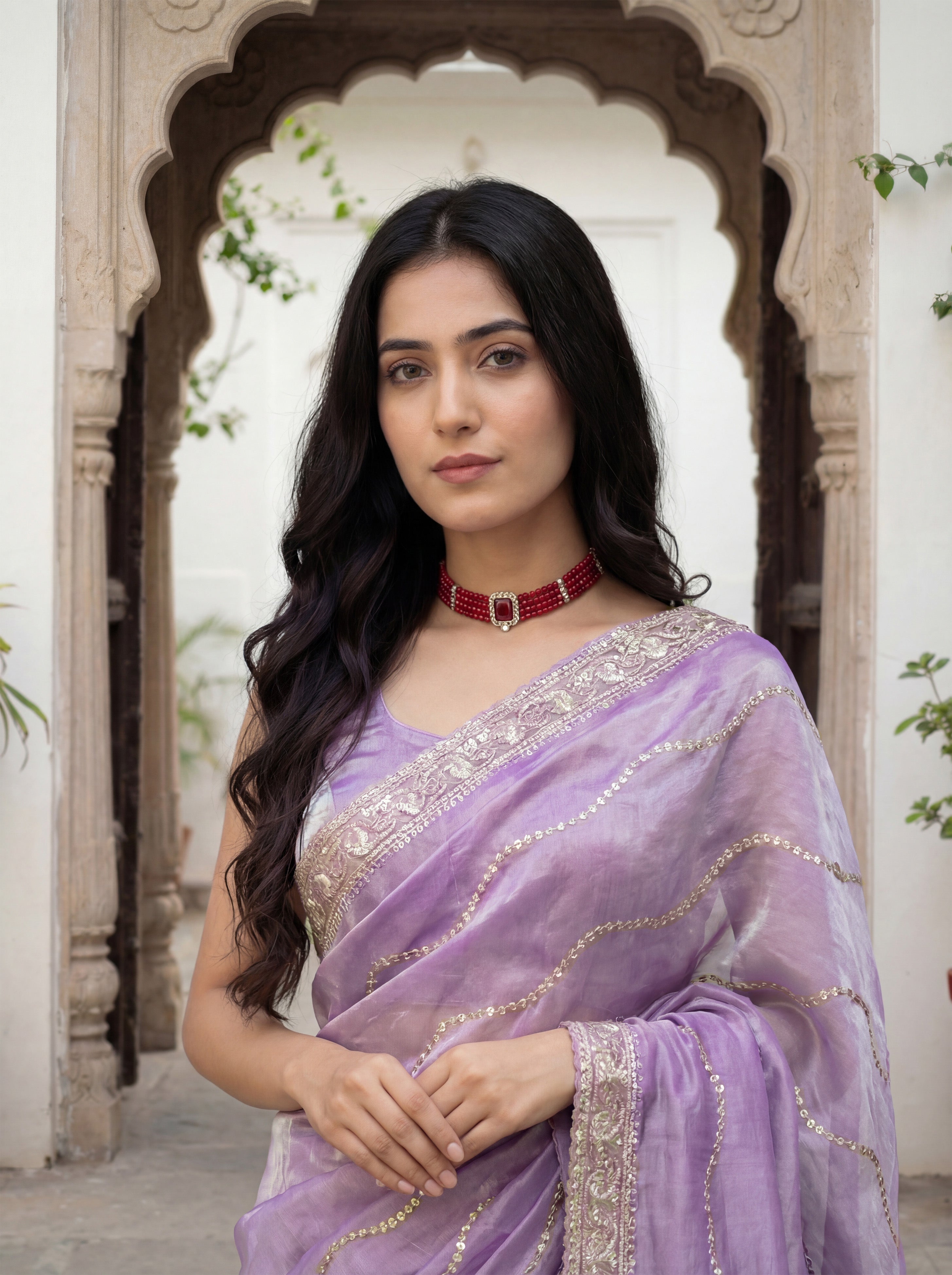 Lavender Tissue Striped Sequence Work Saree