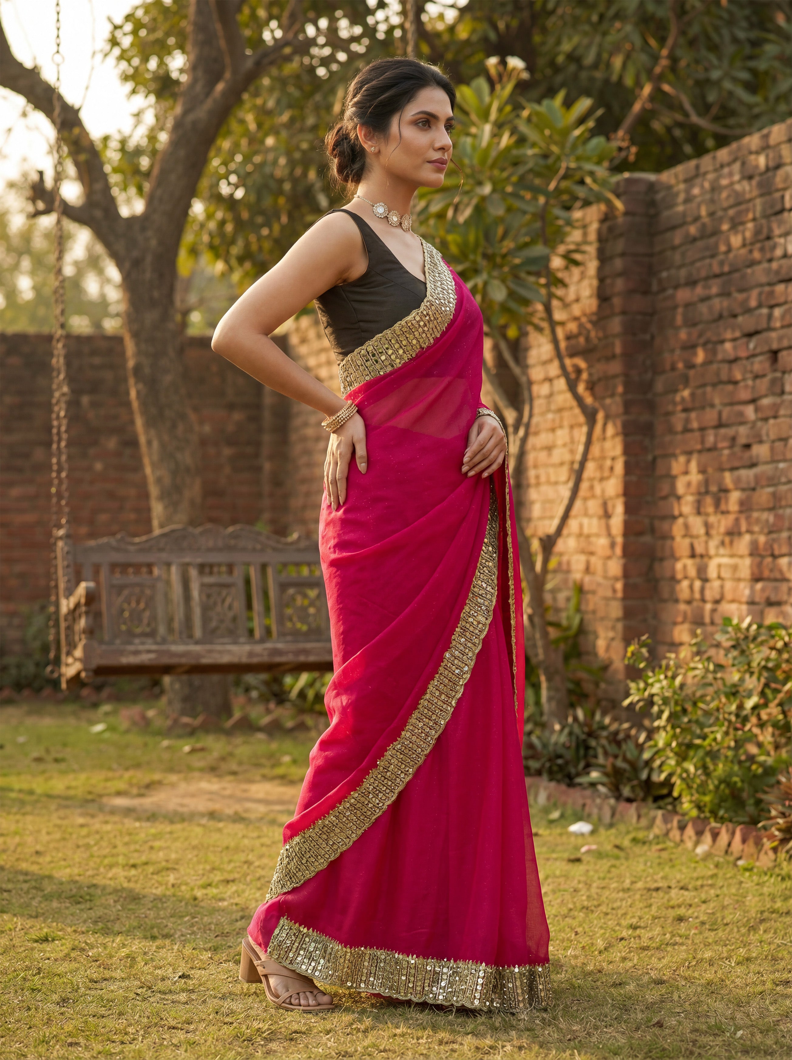 Pink Tissue Sequence & Mirror Work Saree
