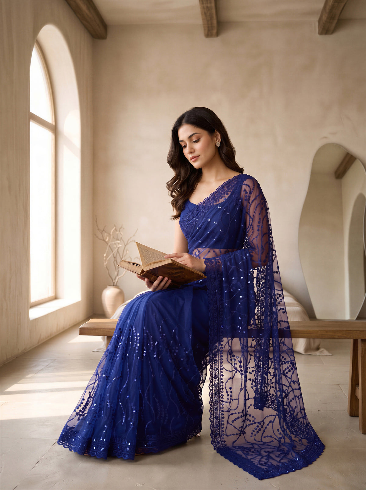 Navy Blue Net Floral Sequence Work Saree