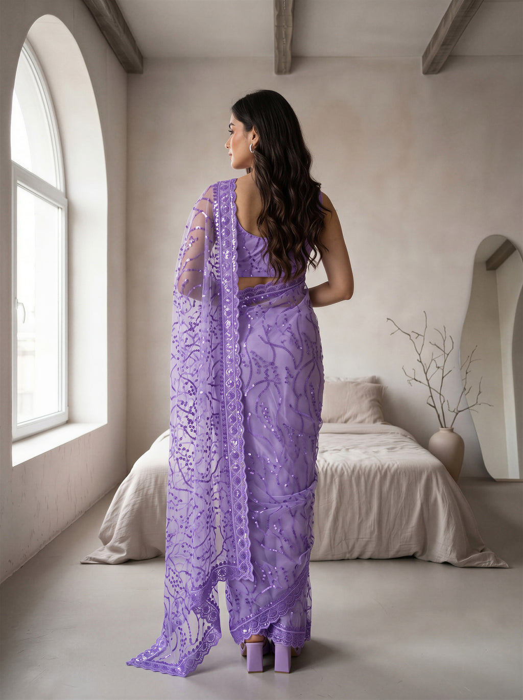 Lavender Net Floral Sequence Work Saree