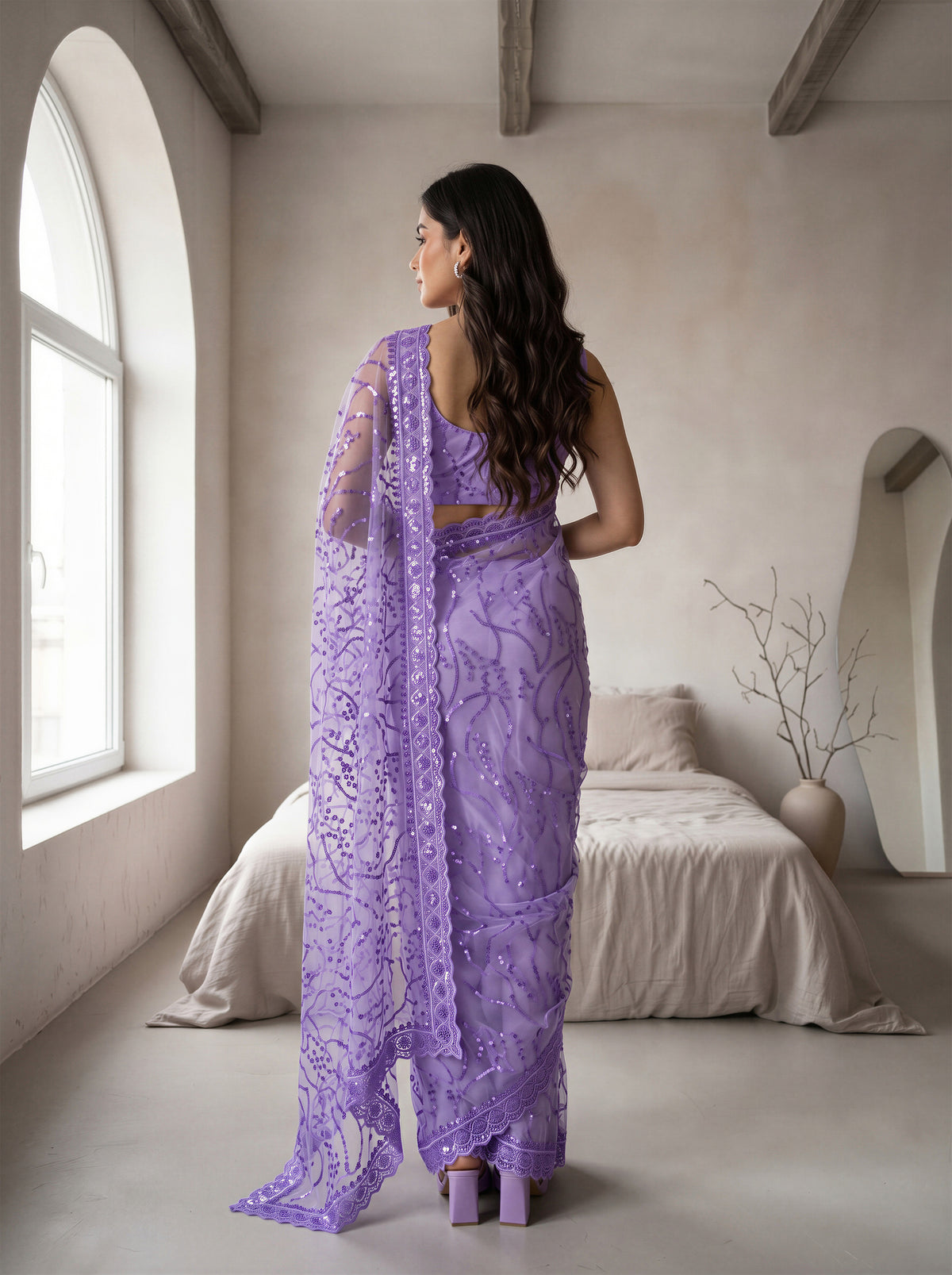 Lavender Net Floral Sequence Work Saree