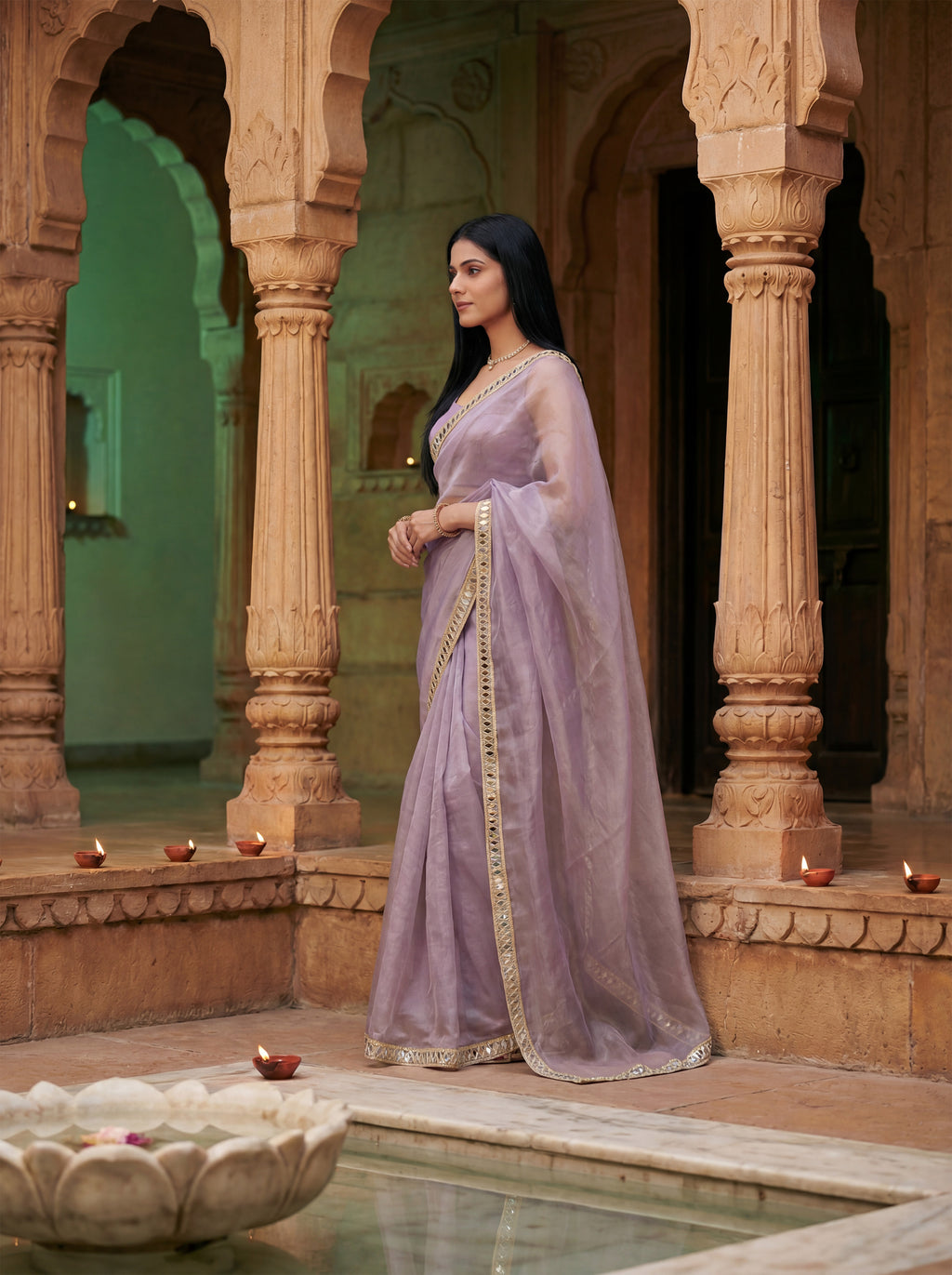 Lavender Tissue Geometric Mirror Work Saree