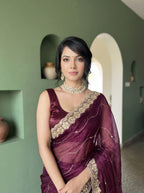 Burgundy Organza Striped Zari Work Saree