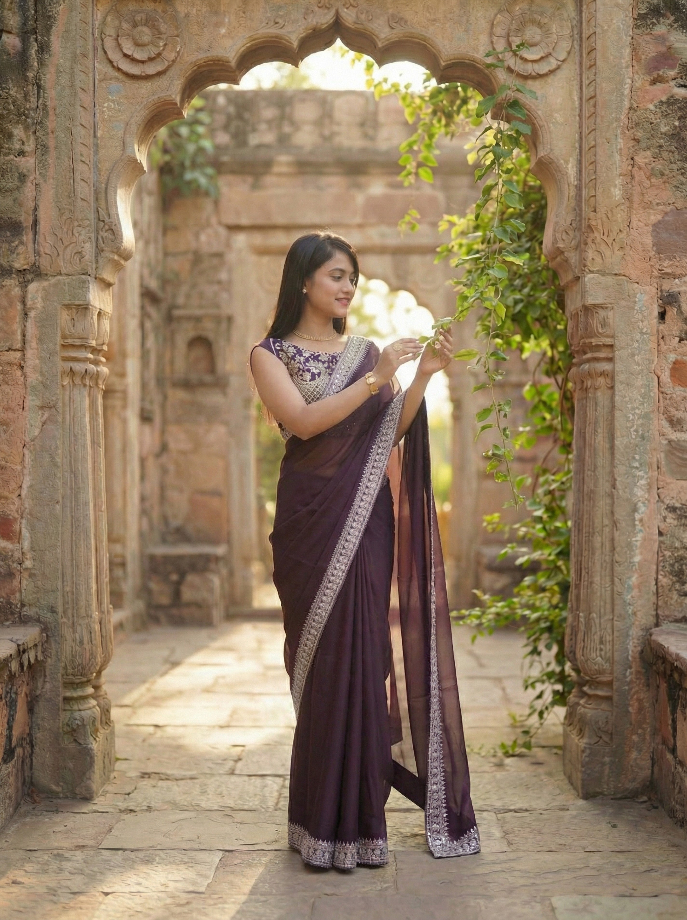 Purple Silk Sequence & Mirror Work Saree