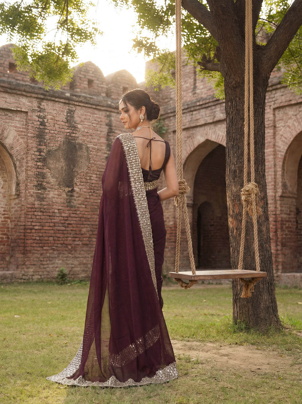 Maroon Tissue Sequence & Mirror Work Saree