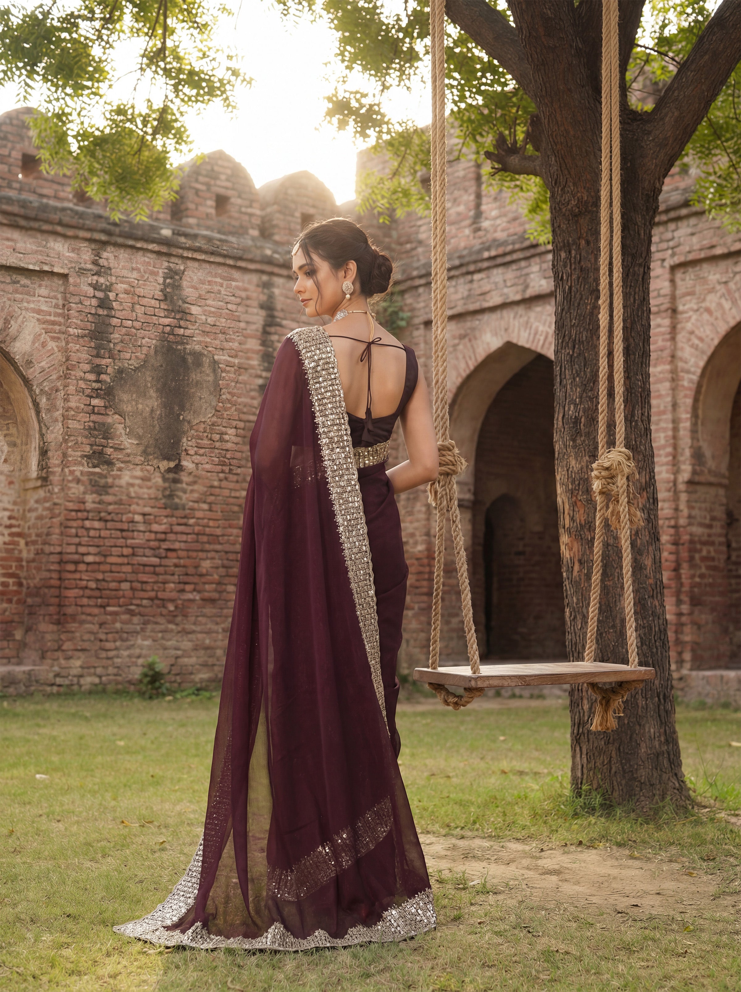 Maroon Tissue Sequence & Mirror Work Saree
