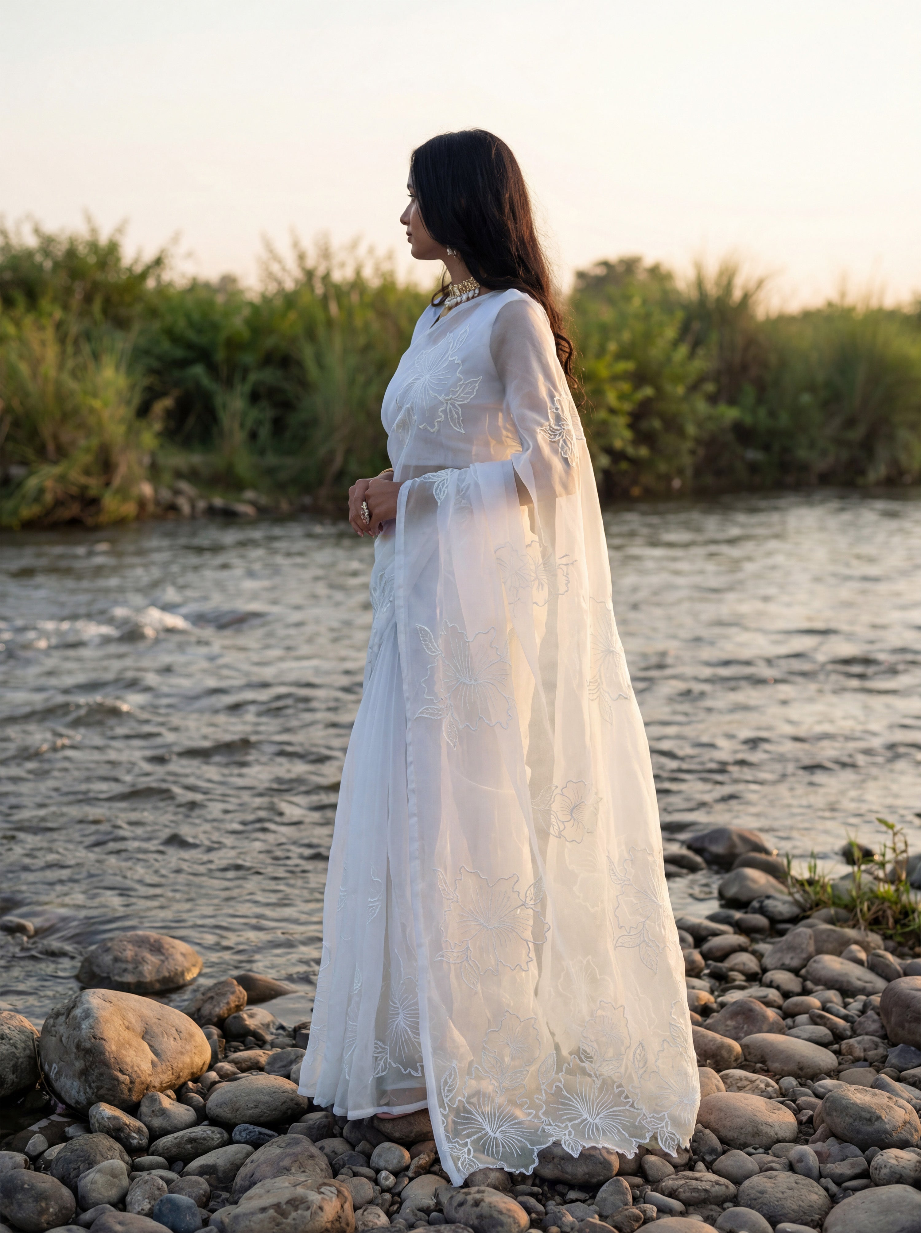 White Organza Floral Thread Work Saree