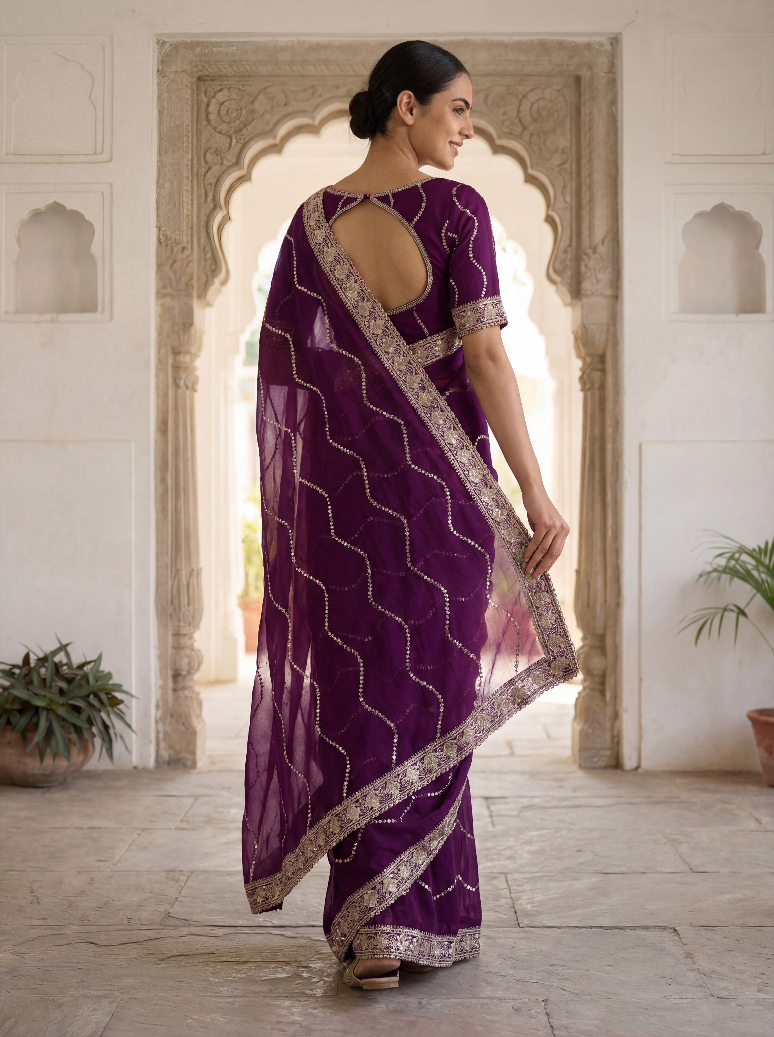 Burgundy Tissue Striped Sequence Work Saree
