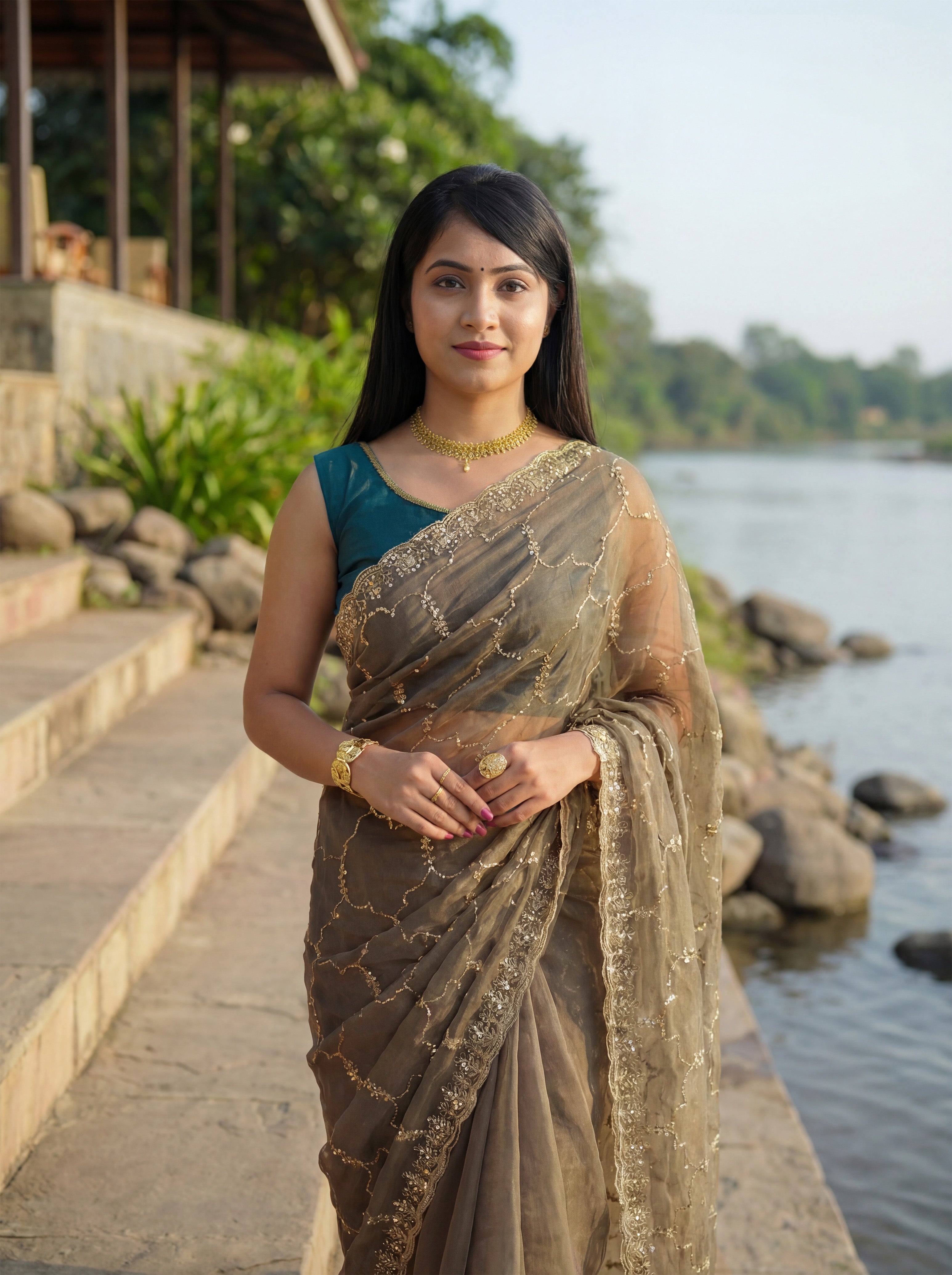 Grey Tissue Geometric Sequence Work Saree