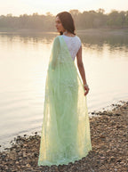 Green Organza Floral Thread Work Saree